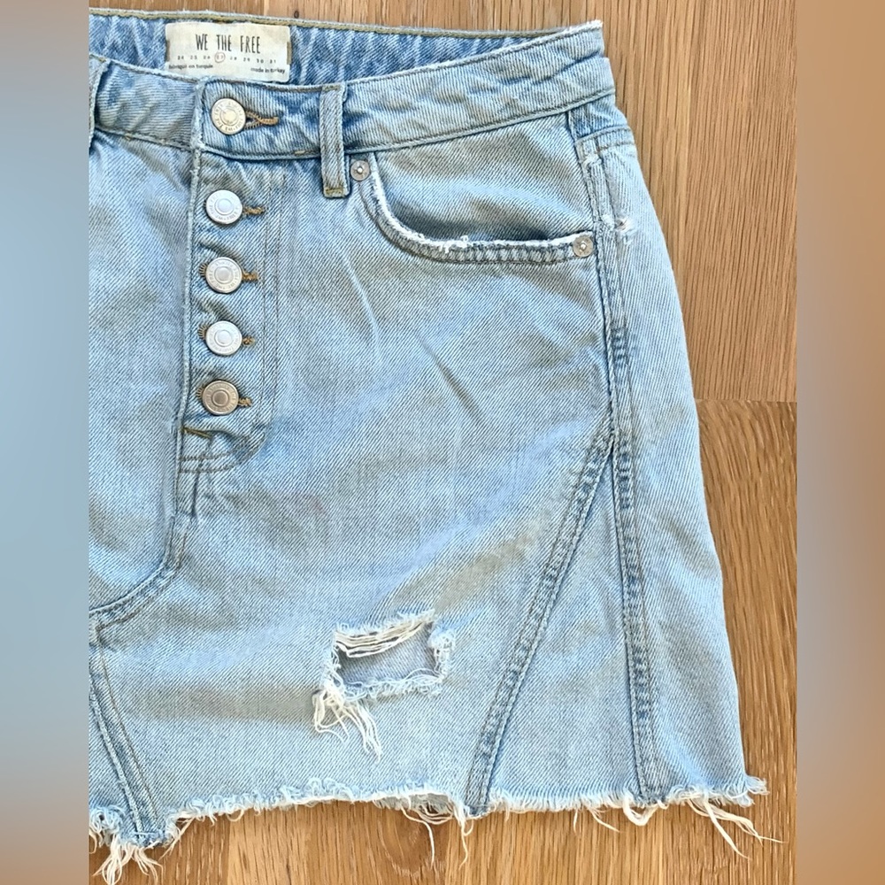 Free People, We The Free - Distressed Jean Skirt, Raw Hem, Denim A-Line, Size 27 - Picture 5 of 10